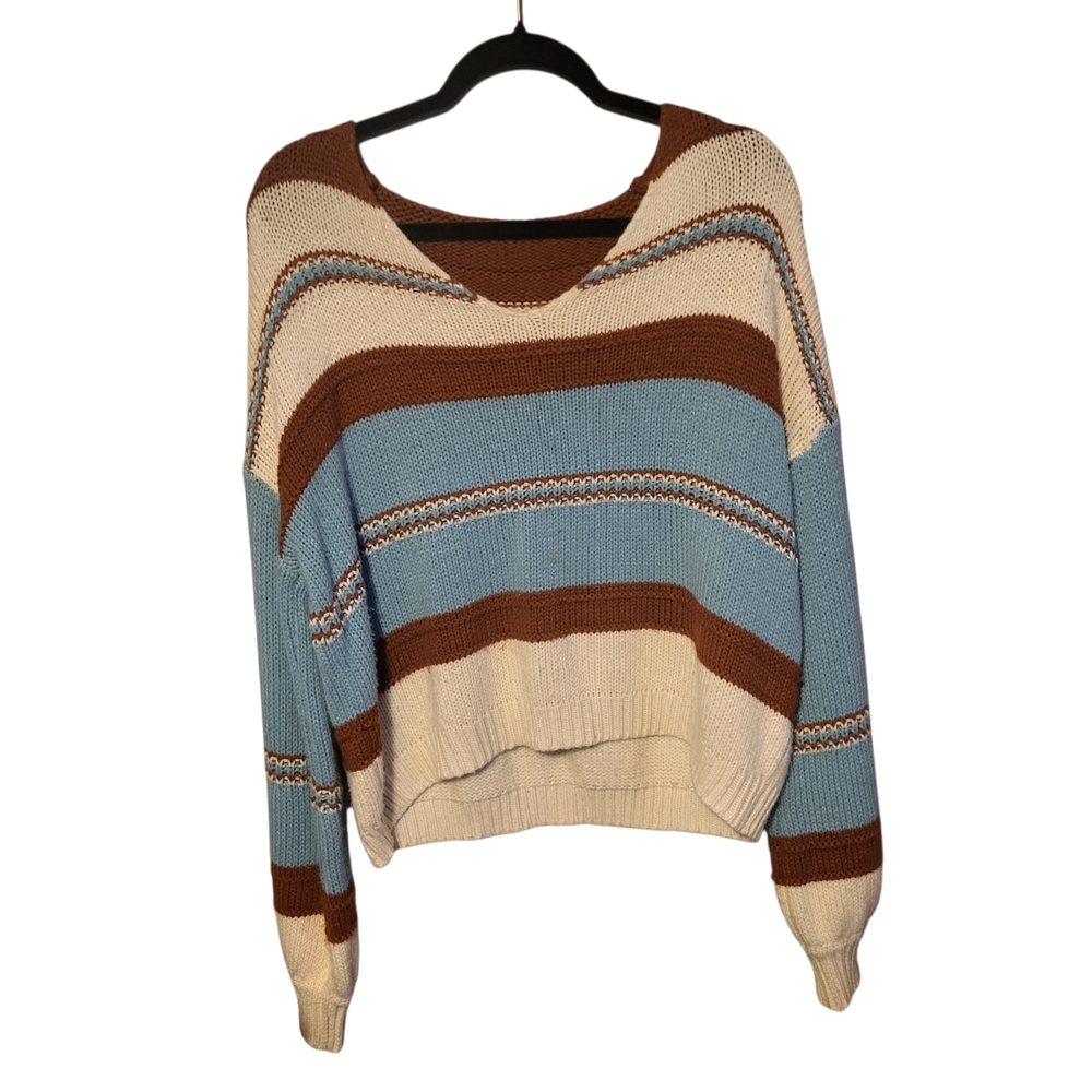 SHEIN V-Neck Striped Sweater - Blue, Brown, Cream